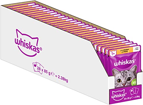 Whiskas 1+ Katzenfutter Hühnchen in Gelee, 28x85g (1 Packung) – Hochwertiges Nassfutter für ausgewachsene Katzen in 28 Portionsbeuteln von whiskas