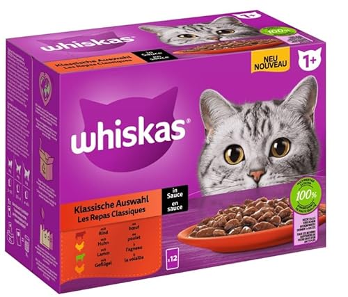 Whiskas Adult 1+ Katzenfutter Klassische Auswahl in Sauce, 12x85g Hochwertiges Nassfutter ab dem 1. Lebensjahr in 12 Portionsbeuteln von whiskas