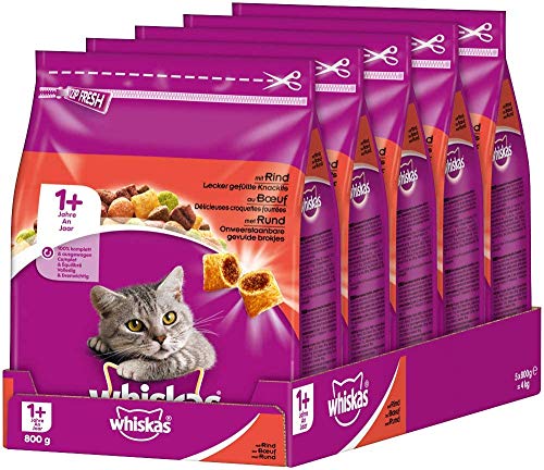 Whiskas 1+ Katzenfutter – Knabberstückchen mit Rind – Hochwertiges Trockenfutter für ausgewachsene Katzen – Beutel (5 x 800g) Whiskas 1+ Katzenfutter – Knabberstückchen mit Rind – Hochwertiges Trockenfutter für ausgewachsene Katzen – Beutel (5 x 800g) von whiskas