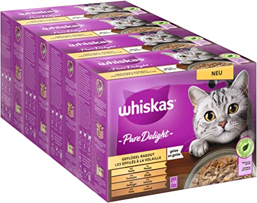 Whiskas 1+ Katzenfutter Pure Delight Geflügel Auswahl in Gelee, 12x85g (4 Packungen) – Hochwertiges Nassfutter für ausgewachsene Katzen in 48 Portionsbeuteln von whiskas