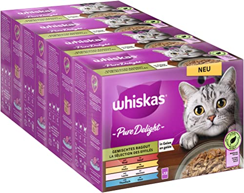 Whiskas 1+ Katzenfutter Pure Delight Gemischte Auswahl in Gelee, 12x85g (4 Packungen) – Hochwertiges Nassfutter für ausgewachsene Katzen in 48 Portionsbeuteln von whiskas