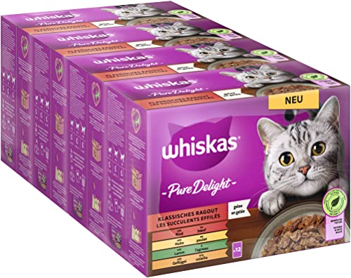 Whiskas 1+ Katzenfutter Pure Delight Klassische Auswahl in Gelee, 12x85g (4 Packungen) – Hochwertiges Nassfutter für ausgewachsene Katzen in 48 Portionsbeuteln von whiskas