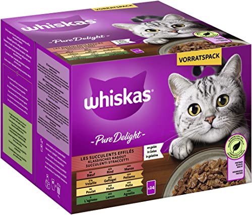 Whiskas 1+ Katzenfutter Pure Delight Klassische Auswahl in Gelee, 24x85g (1 Packung) – Hochwertiges Nassfutter für ausgewachsene Katzen in 24 Portionsbeuteln von whiskas