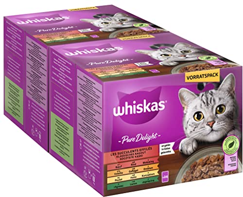 Whiskas 1+ Katzenfutter Pure Delight Klassische Auswahl in Gelee, 24x85g (2 Packungen) – Hochwertiges Nassfutter für ausgewachsene Katzen in 48 Portionsbeuteln von whiskas