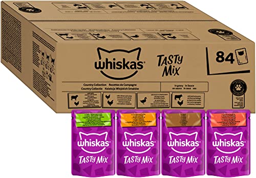 Whiskas Adult 1+ Katzennassfutter Tasty Mix Country Collection in Sauce, 84 Portionsbeutel, 84x85g (1 Großpackung) – Hochwertiges Katzenfutter nass, für ausgewachsene Katzen von whiskas
