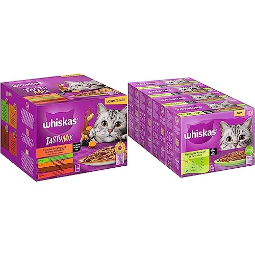Whiskas 1+ Katzenfutter Tasty Mix Country Collection in Sauce & Senior 7+ Katzennassfutter Gemischte Auswahl in Sauce von whiskas