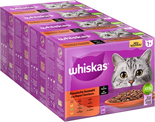Whiskas 1+ Katzennassfutter Klassische Auswahl in Sauce, 12x85g (4 Packungen) – Hochwertiges Nassfutter für ausgewachsene Katzen in 48 Portionsbeuteln von whiskas