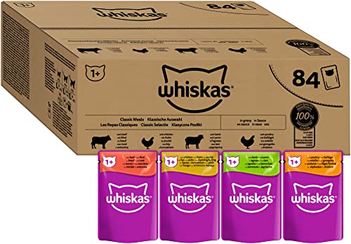 Whiskas 1+ Katzennassfutter Klassische Auswahl in Sauce, 84x85g (1 Großpackung) – Hochwertiges Nassfutter für ausgewachsene Katzen in 84 Portionsbeuteln von whiskas