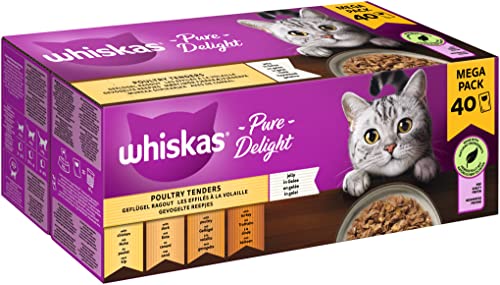 Whiskas 1+ Katzennassfutter Ragout Geflügel Auswahl in Gelee, 40x85g (1 Packung) – Hochwertiges Nassfutter für ausgewachsene Katzen in 40 Portionsbeuteln von whiskas