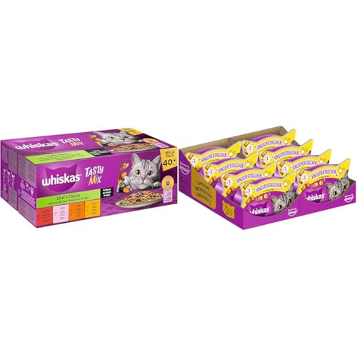 Whiskas 1+ Tasty Mix Chef's Choice in Sauce, 40x85g, Nassfutter für ausgewachsene Katzen + Whiskas Crunch Bags Katzensnacks Huhn & Käse, 60g Whiskas 1+ Tasty Mix Chef's Choice in Sauce, 40x85g, Nassfutter für ausgewachsene Katzen + Whiskas Crunch Bags Katzensnacks Huhn & Käse, 60g von whiskas