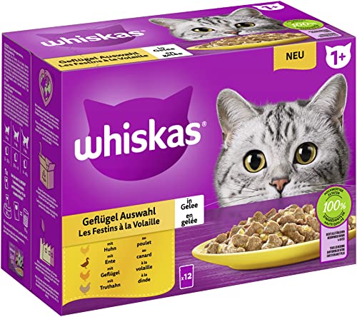 Whiskas 1 + Katzenfutter Geflügel Auswahl in Gelee, 12x85g (1 Packung) – Hochwertiges Nassfutter für ausgewachsene Katzen in 12 Portionsbeuteln von whiskas