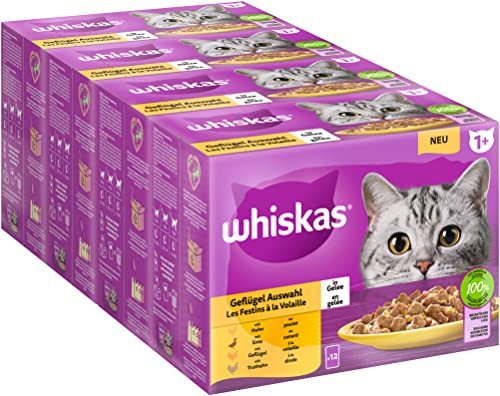 Whiskas 1 + Katzenfutter Geflügel Auswahl in Gelee, 12x85g (4 Packungen) – Hochwertiges Nassfutter für ausgewachsene Katzen in 48 Portionsbeuteln von whiskas