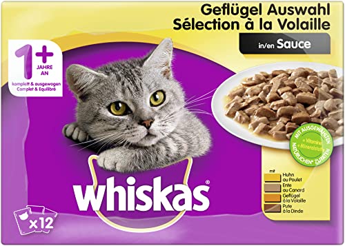 Whiskas 1 + Katzenfutter – Geflügel-Auswahl in Sauce – Schmackhaftes Feuchtfutter für eine gesunde Katze – 48 Portionsbeutel à 100g Whiskas 1 + Katzenfutter – Geflügel-Auswahl in Sauce – Schmackhaftes Feuchtfutter für eine gesunde Katze – 48 Portionsbeutel à 100g von whiskas