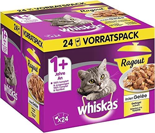 Whiskas 1 + Katzenfutter Ragout – Geflügel-Auswahl in Gelee – Abwechslungsreicher Geschmack durch verschiedene Geschmacksrichtungen – 2 x 24 Portionsbeutel à 85g , 85 g (48er Pack) von whiskas