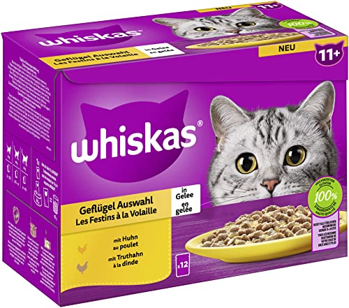Whiskas 11+ Katzenfutter Geflügel Auswahl in Gelee, 12x85g (1 Packung) – Hochwertiges Nassfutter ab dem 11. Lebensjahr in 12 Portionsbeuteln von whiskas