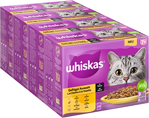 Whiskas 7+ Katzenfutter Geflügel Auswahl in Sauce, 12x85g (4 Packungen) – Hochwertiges Nassfutter ab dem 7. Lebensjahr in 48 Portionsbeuteln von whiskas