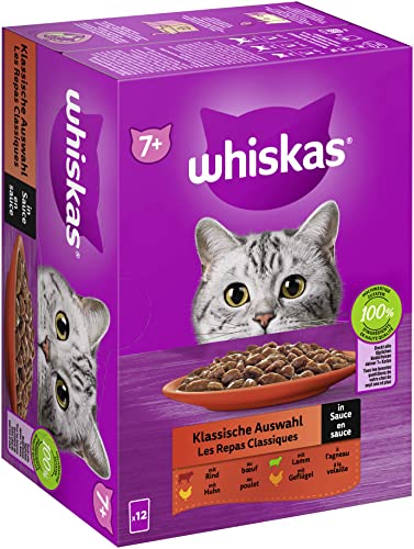 Whiskas 7+ Katzenfutter Klassische Auswahl in Sauce, 12x85g (1 Packung) – Hochwertiges Nassfutter ab dem 7. Lebensjahr in 12 Portionsbeuteln von whiskas