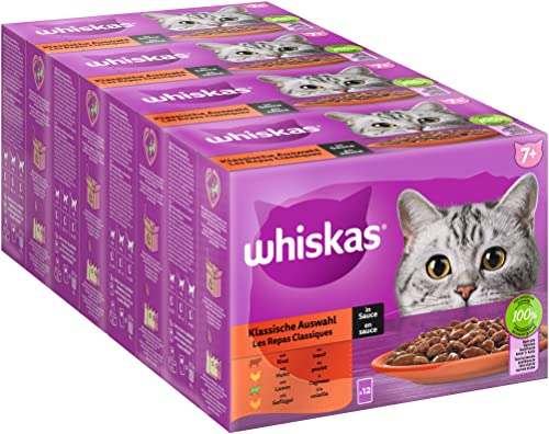 Whiskas 7+ Katzenfutter Klassische Auswahl in Sauce, 12x85g (4 Packungen) – Hochwertiges Nassfutter ab dem 7. Lebensjahr in 48 Portionsbeuteln von whiskas