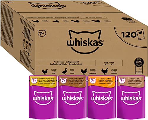Whiskas Senior 7+ Katzennassfutter Gemischte Auswahl in Gelee, 120 Portionsbeutel, 120x85g (1 Großpackung) – Hochwertiges Katzenfutter nass, für Katzen ab 7 Jahren und älter von whiskas