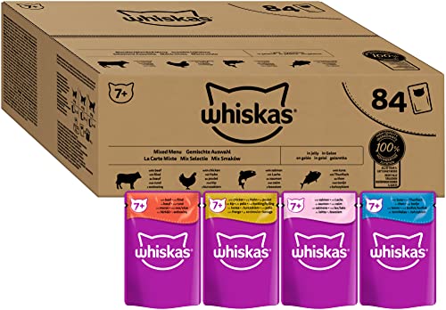 Whiskas Senior 7+ Katzennassfutter Gemischte Auswahl in Gelee, 84 Portionsbeutel, 84x85g (1 Großpackung) – Hochwertiges Katzenfutter nass, für Katzen ab 7 Jahren und älter von whiskas