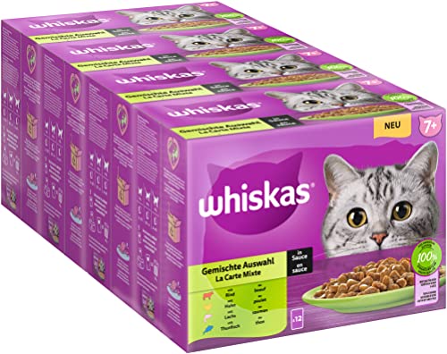 Whiskas Senior 7+ Katzennassfutter Gemischte Auswahl in Sauce, 48 Portionsbeutel, 12x85g (4er Pack) – Hochwertiges Katzenfutter nass, für Katzen ab 7 Jahren und älter von whiskas