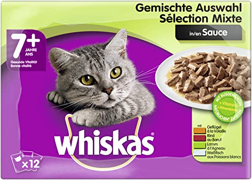 Whiskas 7+ Katzennassfutter – Gemischte Auswahl in Sauce – Hochwertiges Feuchtfutter in 48 Portionsbeuteln für Katzen ab 7 Jahren und älter – Katzenfutter – 4er Pack (4 x 12 Portionsbeutel à 100g) von whiskas