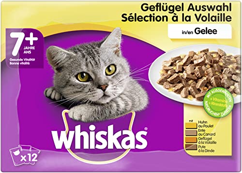 Whiskas 7 + Katzenfutter – Geflügel-Auswahl in Gelee – Hochwertiges Nassfutter für Katzen ab 7 Jahren und älter – 48 Portionsbeutel à 100g von whiskas