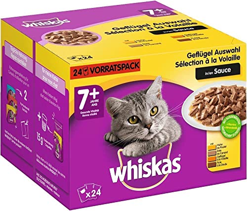 Whiskas 7 + Katzenfutter – Geflügel-Auswahl in Sauce – Hochwertiges Katzenfutter ab dem 7. Lebensjahr und älter – 2 x 24 Portionsbeutel à 100g von whiskas