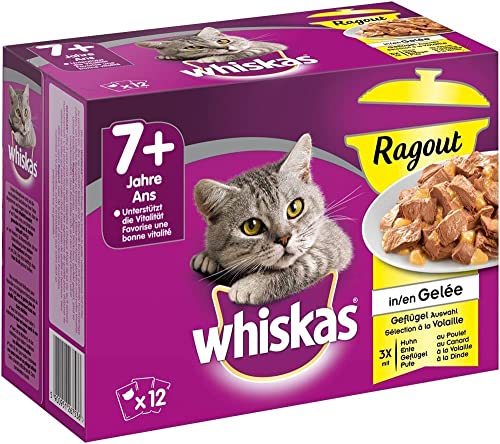 Whiskas 7 + Katzenfutter Ragout – Geflügel-Auswahl in Gelee – Hochwertiges Katzenfutter ab 7 Jahren und älter – Für den Erhalt der Agilität – 48 Portionsbeutel à 85g von whiskas