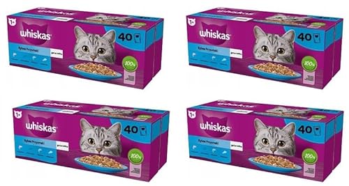 Whiskas Adult 1+ Hochwertiges Nassfutter für ausgewachsene Katzen Fisch-Auswahl in Gelee 4-er Pack 160 Portionsbeutel (160x85g) von whiskas