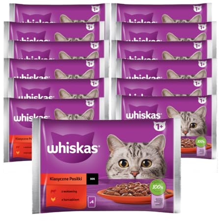 Whiskas Adult 1+ Katzenfutter Nassfutter Klassische Auswahl in Soße 13x4x85g Rindfleisch und Huhn (52 Portionen à 85 Gramm) von whiskas