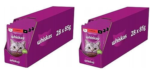 Whiskas Adult 1+ Katzenfutter mit Rind in Soße– Hochwertiges Nassfutter für ausgewachsene Katzen – 2 x 28 x 85g (56 Beutel) von whiskas