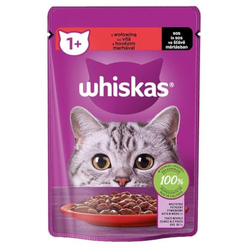 Whiskas Adult 1+ Katzenfutter mit Rind in Soße– Hochwertiges Nassfutter für ausgewachsene Katzen – 2 x 28 x 85g (56 Beutel) von whiskas