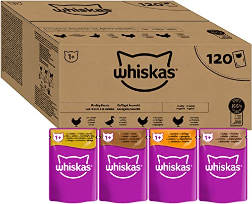 Whiskas Adult 1+ Katzennassfutter Geflügel Auswahl in Gelee, 120 Portionsbeutel, 120x85g (1 Großpackung) – Hochwertiges Katzenfutter nass, für ausgewachsene Katzen von whiskas