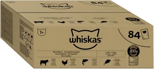 Whiskas Adult 1+ Katzennassfutter Gemischte Auswahl in Gelee, 84 Portionsbeutel, 84x85g (1 Großpackung) – Hochwertiges Katzenfutter nass, für ausgewachsene Katzen von whiskas