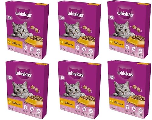 Whiskas Adult 1+ Katzentrockenfutter für Erwachsene Katzen mit Huhn 6er Pack (6 x 300 g) im Karton von whiskas