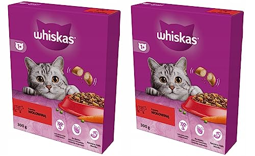 Whiskas Adult 1+ Katzentrockenfutter für Erwachsene Katzen mit Rind 2er Pack (2 x 300 g) im Karton von whiskas