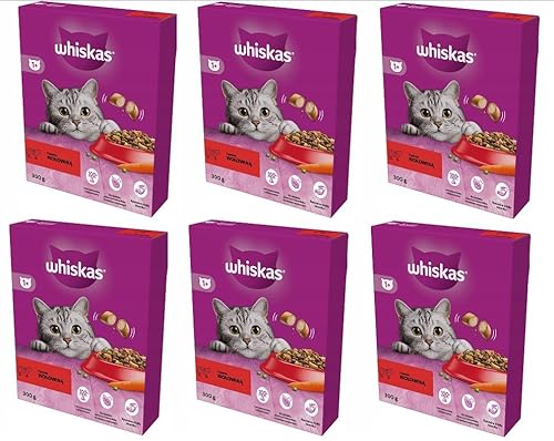 Whiskas Adult 1+ Katzentrockenfutter für Erwachsene Katzen mit Rind 6er Pack (6 x 300 g) im Karton von whiskas