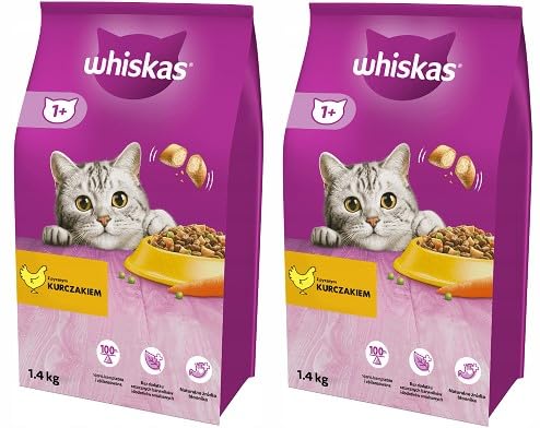 Whiskas Adult 1+ Katzentrockenfutter mit Huhn, 2 Beutel, 2x1,4kg – Hochwertiges Trockenfutter für ausgewachsene Katzen ab 1 Jahr- unterschiedliche Produktverpackungen erhältlich von whiskas