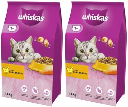 Whiskas Adult 1+ Katzentrockenfutter mit Huhn, 2 Beutel, 2x1,4kg – Hochwertiges Trockenfutter für ausgewachsene Katzen ab 1 Jahr- unterschiedliche Produktverpackungen erhältlich von whiskas