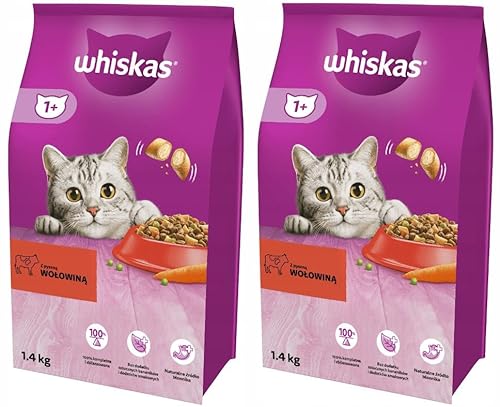 Whiskas Adult 1+ Katzentrockenfutter mit Rind, 2 Beutel, 2x1,4kg – Hochwertiges Trockenfutter für ausgewachsene Katzen ab 1 Jahr- unterschiedliche Produktverpackungen erhältlich von whiskas