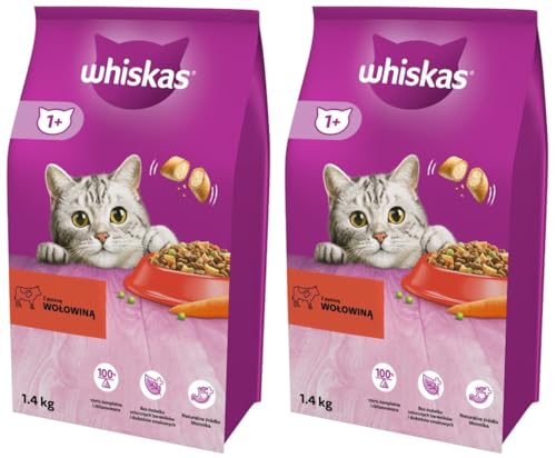 Whiskas Adult 1+ Katzentrockenfutter mit Rind, 2 Beutel, 2x1,4kg – Hochwertiges Trockenfutter für ausgewachsene Katzen ab 1 Jahr- unterschiedliche Produktverpackungen erhältlich von whiskas