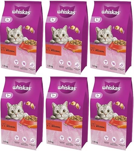 Whiskas Adult 1+ Katzentrockenfutter mit Rind, 6 Beutel, 6x1,4kg – Hochwertiges Trockenfutter für ausgewachsene Katzen ab 1 Jahr- unterschiedliche Produktverpackungen erhältlich von whiskas