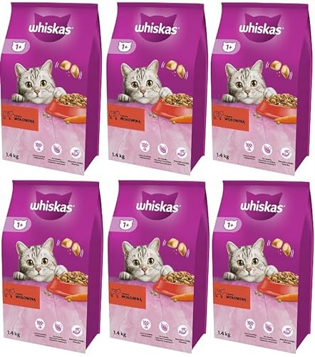 Whiskas Adult 1+ Katzentrockenfutter mit Rind, 6 Beutel, 6x1,4kg – Hochwertiges Trockenfutter für ausgewachsene Katzen ab 1 Jahr- unterschiedliche Produktverpackungen erhältlich von whiskas