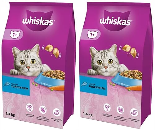 Whiskas Adult 1+ Katzentrockenfutter mit Thunfisch, 2 Beutel, 2x1,4kg – Hochwertiges Trockenfutter für ausgewachsene Katzen ab 1 Jahr- unterschiedliche Produktverpackungen erhältlich von whiskas