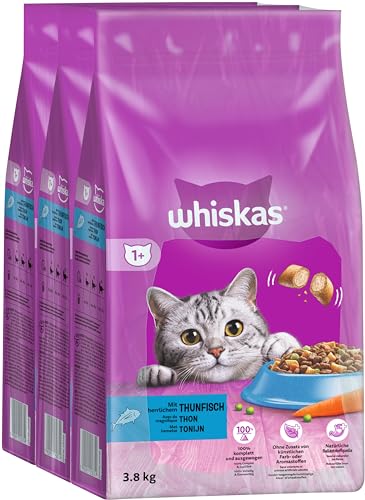 WHISKAS Adult 1+ Katzenfutter trocken - ab 1 Jahr - 3x3,8kg Großpackung - mit Thunfisch - Trockenfutter für Katzen - 3 Beutel von whiskas