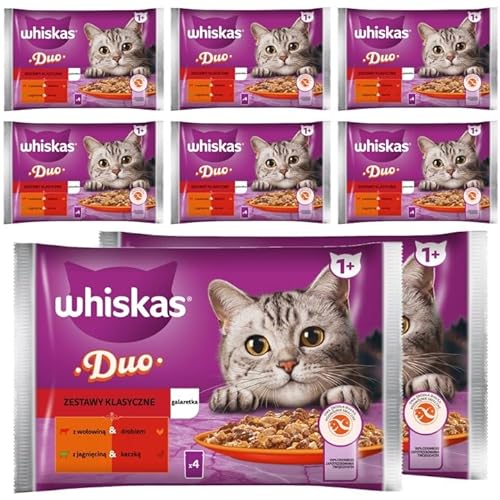 Whiskas Adult 1+ Nassfutter für Katzen Duo Classic Combos in Gelee mit Lamm und Ente, mit Rind und Geflügel 32 Portionsbeutel (8x4x85g) von whiskas