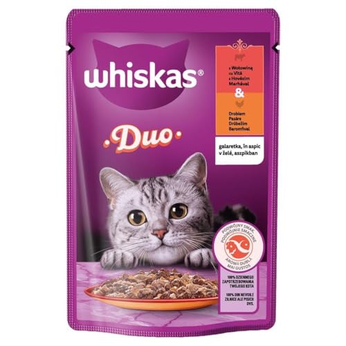 Whiskas Adult 1+ Nassfutter für Katzen Duo Classic Combos in Gelee mit Rind und Geflügel 2 x 28 x 85g (56 Beutel) von whiskas