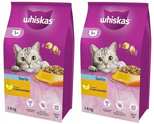 Whiskas Adult 1+ Sterile Katzentrockenfutter mit Huhn, 2 Beutel, 2x1,4kg – Hochwertiges Trockenfutter für ausgewachsene, sterilisierte BZW. kastrierte Katzen von whiskas