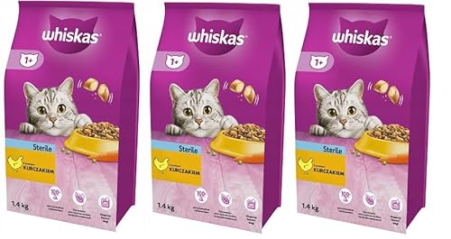 Whiskas Adult 1+ Sterile Katzentrockenfutter mit Huhn, 3 Beutel, 3x1,4kg – Hochwertiges Trockenfutter für ausgewachsene, sterilisierte BZW. kastrierte Katzen von whiskas